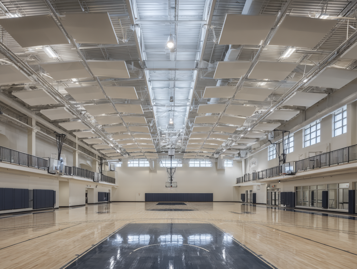 School gymnasium with suspended acoustic ceiling panels, empty basketball court
